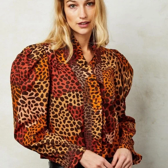 Love The Label Anthropologie Zuri Top Dotted Leopard Ruffle Button Shirt L - Picture 4 of 15